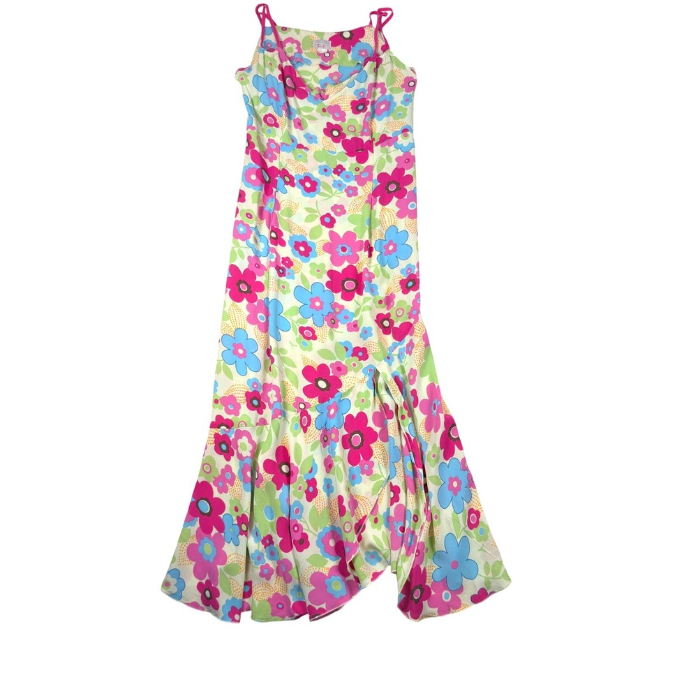 Floral Maxi Dress Pink Blue Green Viscose V-Neck Ruffle Hem Womens Small Whimsy